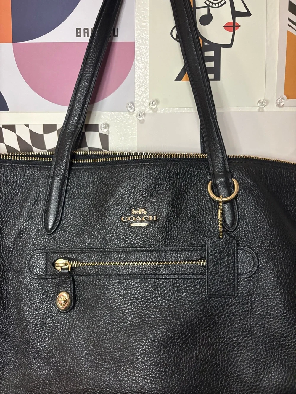 Coach Black Pebbled Leather Shoulder Tote with Gold Accents